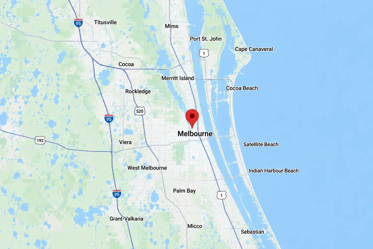 Map showing Collis Roofing residential roof replacement service areas around Melbourne and Brevard County, Florida