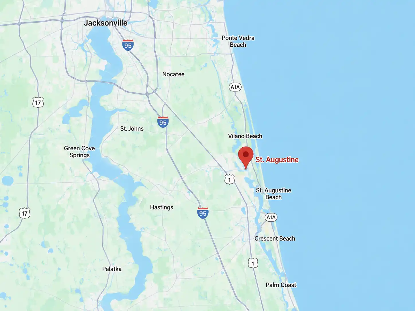 Map showing Collis Roofing residential roof replacement service areas around St. Augustine and St. Johns County, Florida