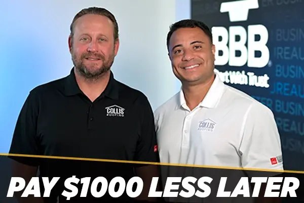 Collis Roofing Employees, Standing in front of BBB Banner